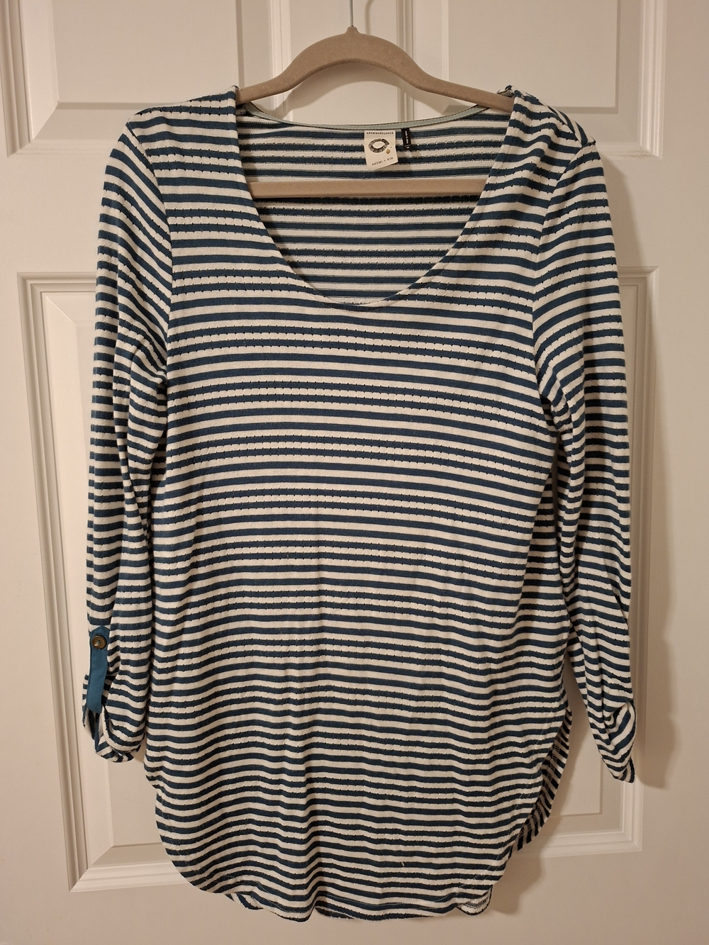 Anthropologie Akemi + Kin Blue White Striped Tunic Sweater Top Roll Tab Sleeve